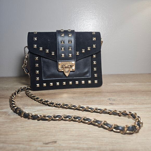 MW Handbags - MW Black Suede/Leather Studded Crossbody- Gold Hardware Edginess Goth Biker Emo